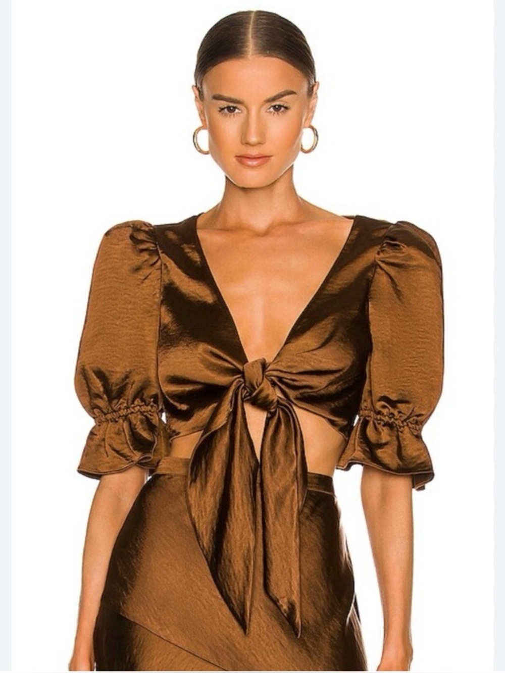 LPA Brown Front Tie Blouse Puff Sleeves, New Without Tags